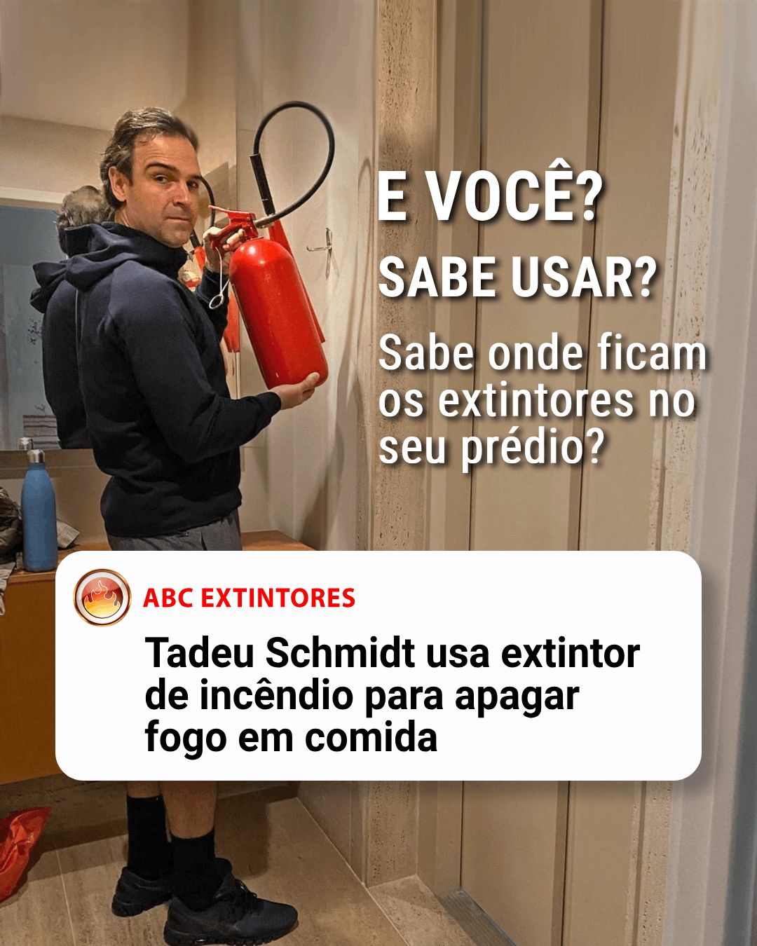 Tadeu Schmidt impede princípio de incêndio em cozinha com uso de extintor.